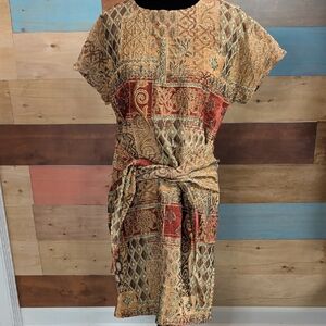 Patchwork Tie-Waist Midi Dress in Rust and Gold Tones